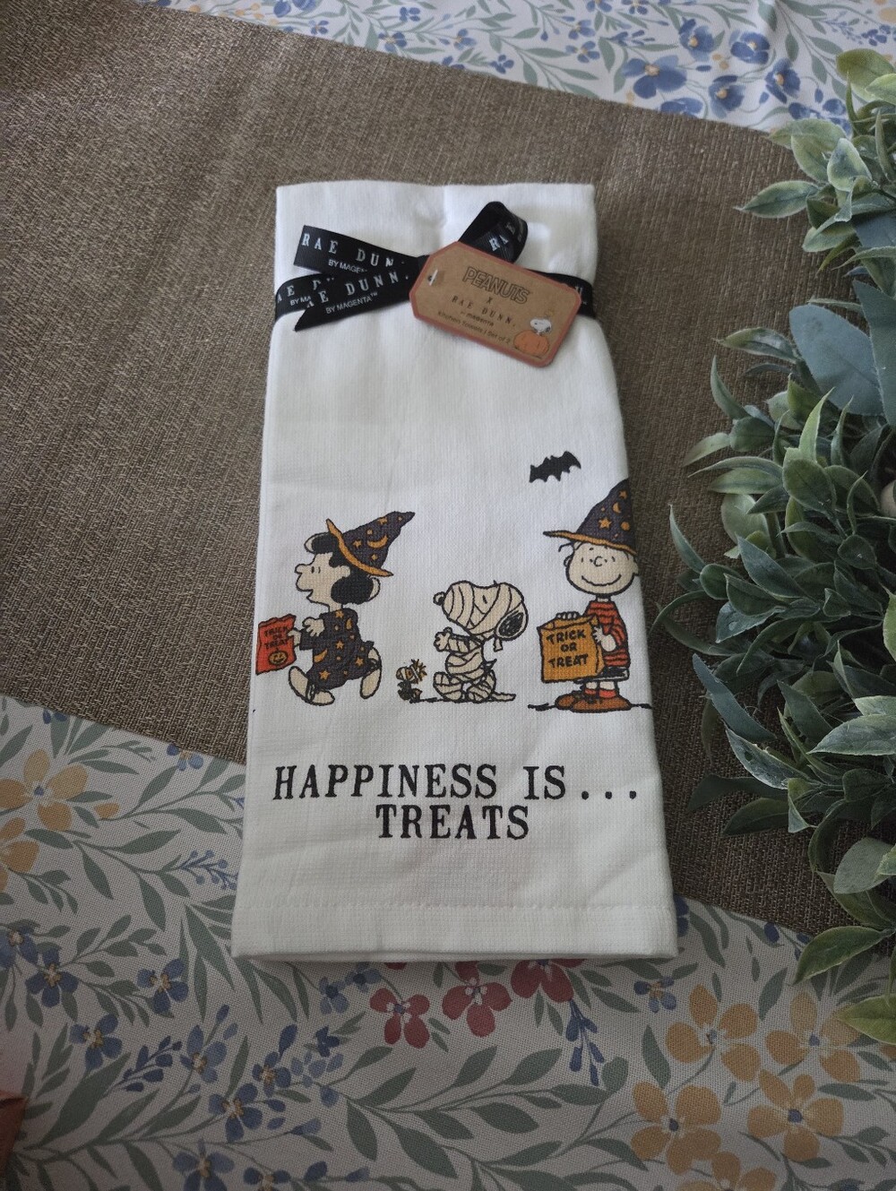Rae Dunn White Halloween Kitchen Towel with Black and Orange Accents
